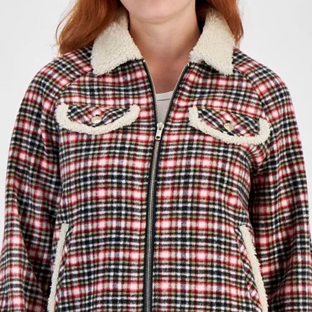 NWT Nautica Jeans Plaid Sherpa-Lined Trucker Jacket - Red/White/Black - Medium - Picture 3 of 4